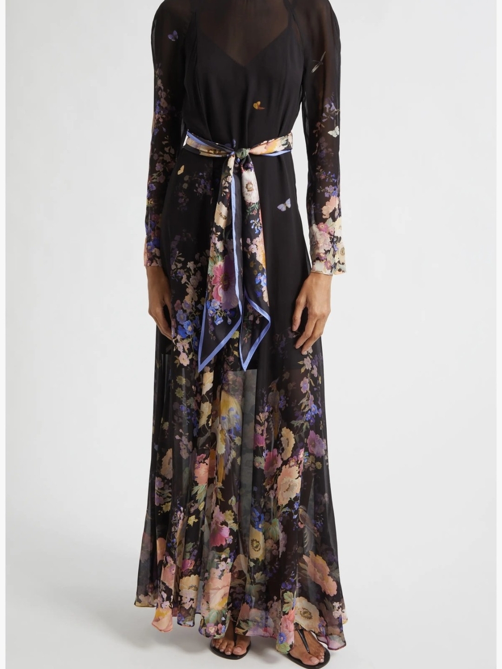 Zimmermann Sheer Black Floral Maxi Dress with Silk Waist Scarf